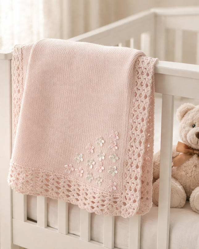 Pink Hand Knit Blanket with Pearl Flowers