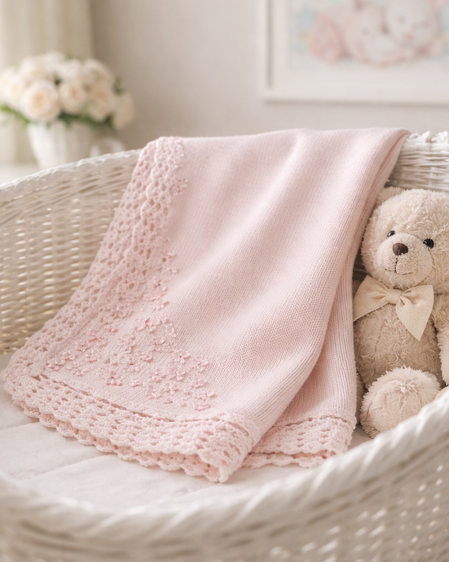 Pink hand knit blanket with rhinestone flower — luxury baby shower gift