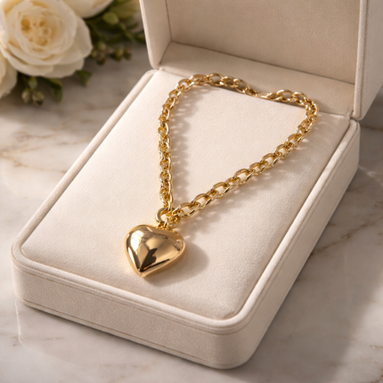 Gold Puff Heart Pendant Necklace – Classic Chain Heart Necklace