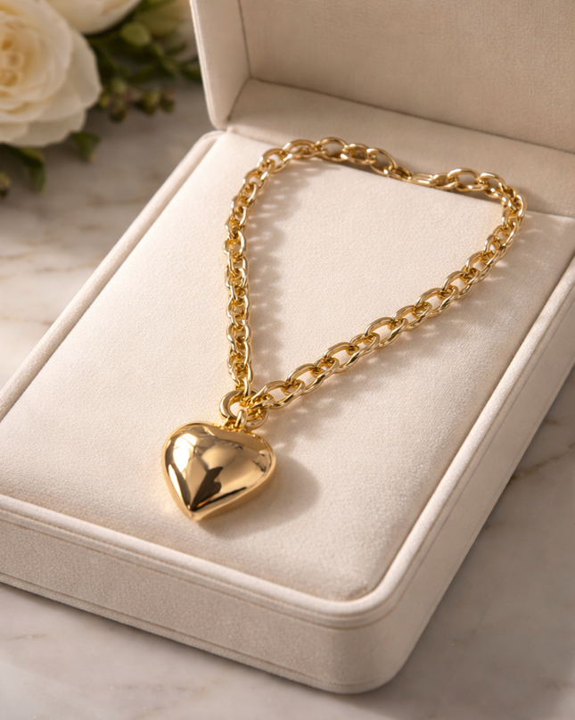 Gold Puff Heart Pendant Necklace – Classic Chain Heart Necklace