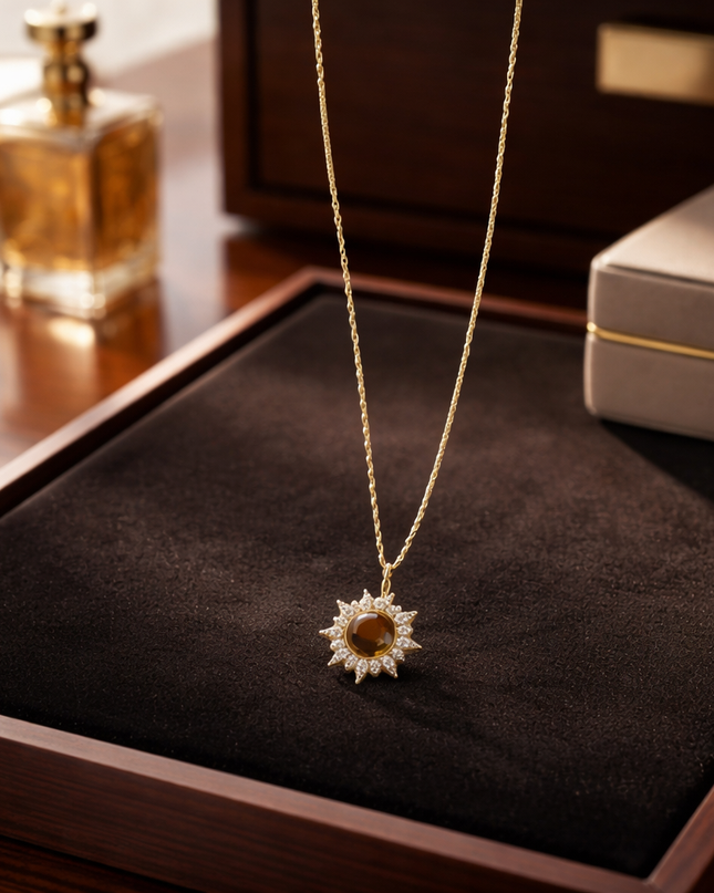 Gold Sunburst Crystal Pendant Necklace – Celestial Statement Necklace