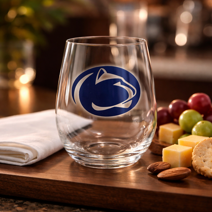 Personalized acrylic stemless wine glass — alternate color showing personalization example