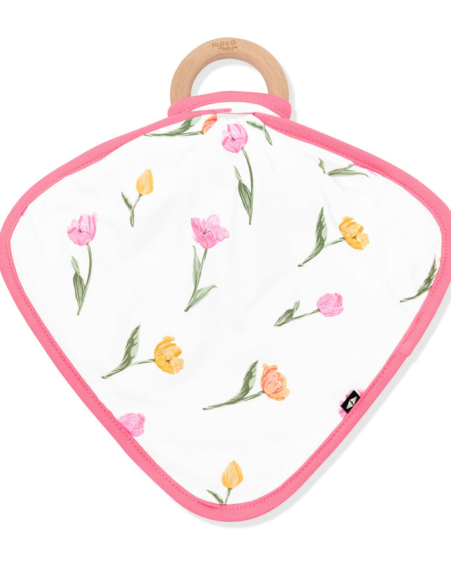 Kyte Baby Lovey With Wooden Teether Ring – Bamboo Baby Security Blanket – Tulip Print