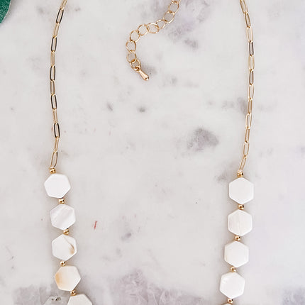 Hexagon Mother of Pearl Necklace on Gold Chain
