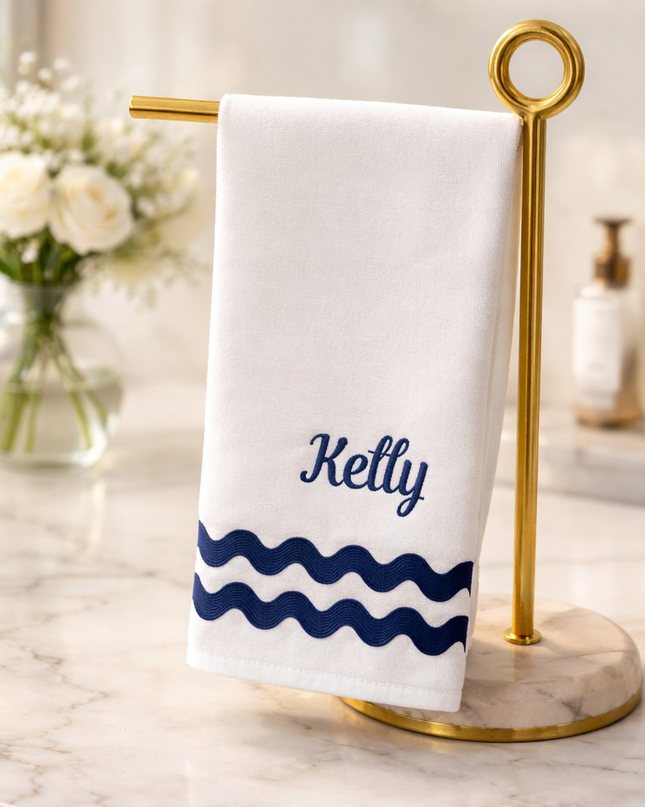 Personalized Embroidered Guest Towel – Custom Name with Navy Ric Rac Trim