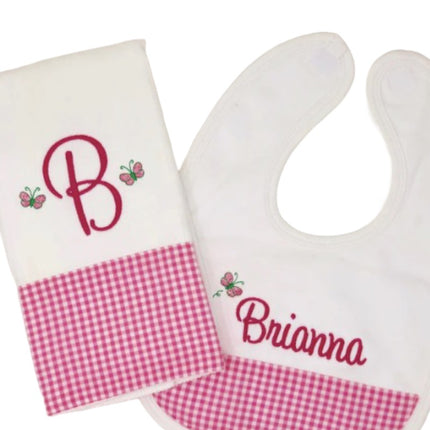 Personalized bib and burp cloth set — pink gingham colorway