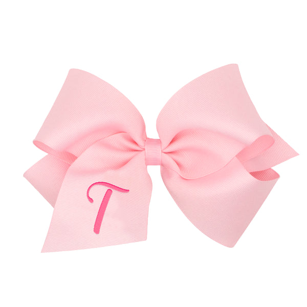 King Monogrammed Grosgrain Girls Hair Bow - Light Pink with Hot Pink Initial