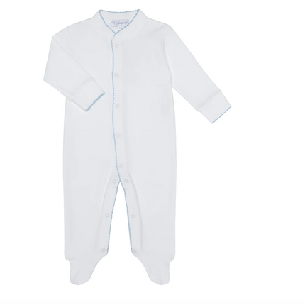 White bubble baby footie — shown in blue trim colorway