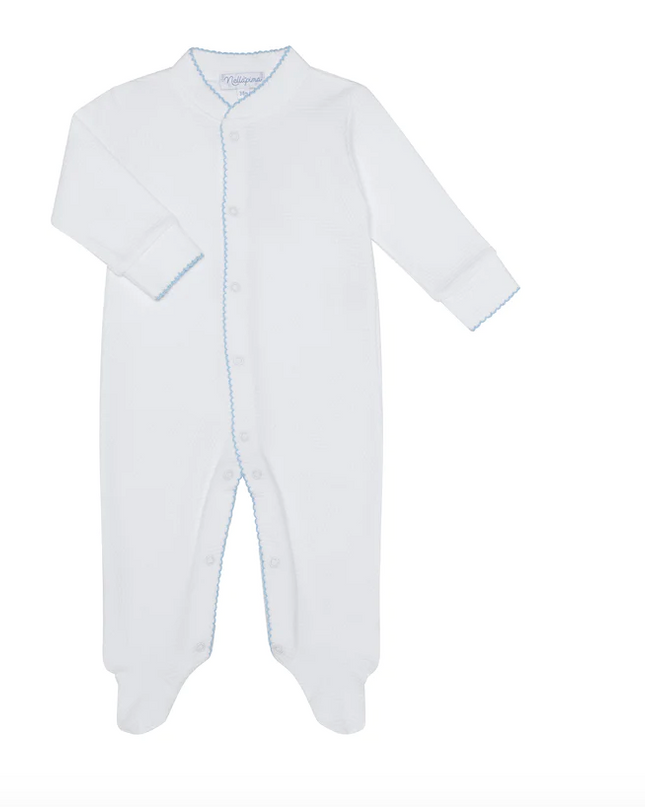 White bubble baby footie — shown in blue trim colorway
