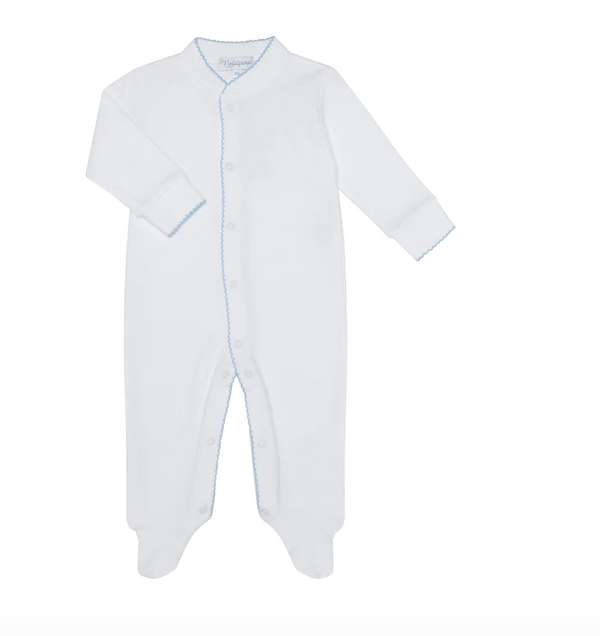 White Bubble Baby Footie -White, Pink, or Blue Picot Trim