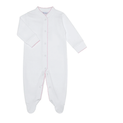 White bubble baby footie with picot trim — classic baby clothing, baby shower gift