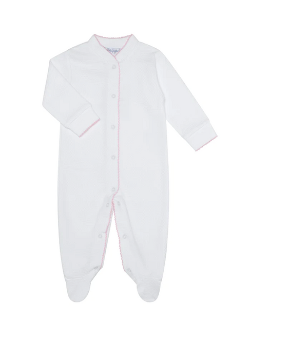 White Bubble Baby Footie -White, Pink, or Blue Picot Trim