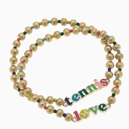 Tennis Love Rainbow Ball Bead Stretch Bracelet | Set of 2