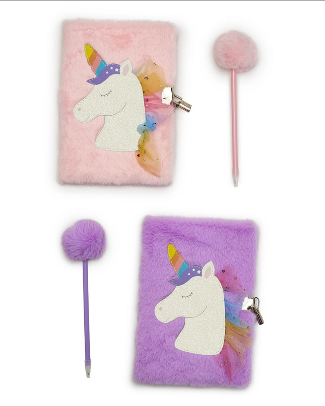 Glitter Unicorn Journal with Lock and Pop Pom Pen