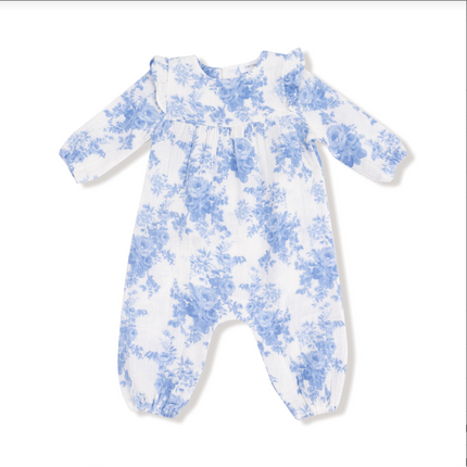 Dream Cottage Floral Blue Ruffle Sleeve Romper