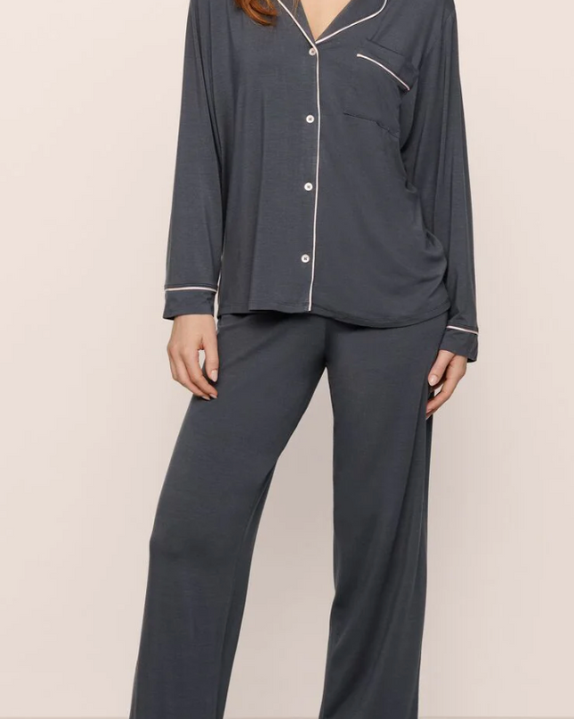Monogrammed Petite Plume Navy Silk Pajamas