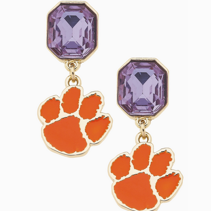 Clemson Tigers Rhinestone Enamel Logo Earrings in Shiny Gold