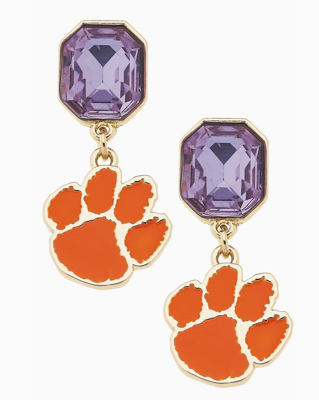 Clemson Tigers Rhinestone Enamel Logo Earrings in Shiny Gold