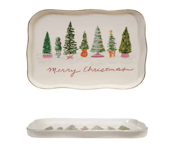Stoneware Scalloped Platter with Trees
