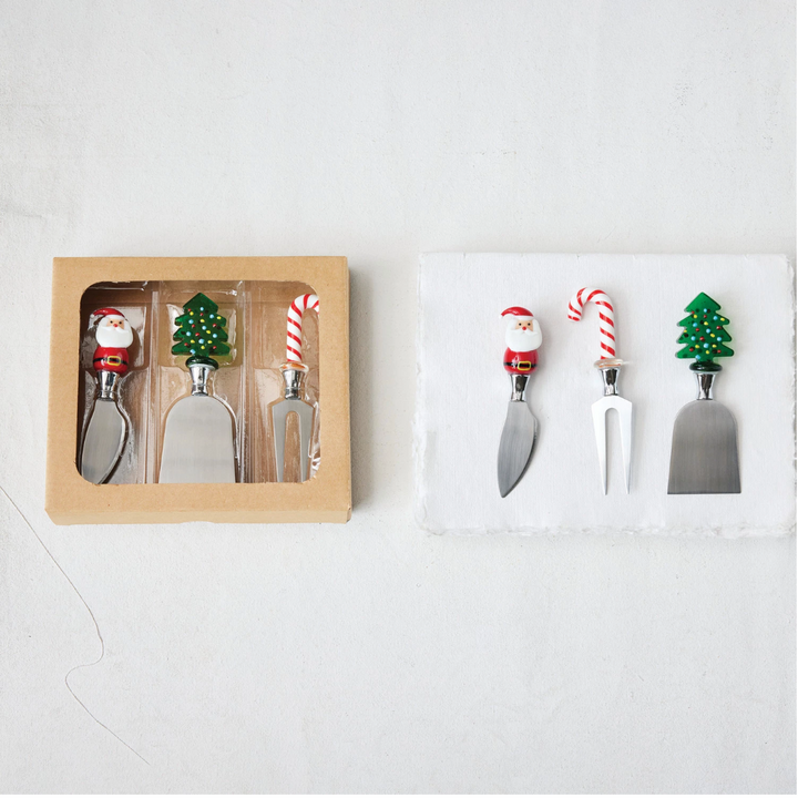 Cheese Knives with Hand-Blown Glass Holiday Icon Handle, Boxed Set of 3