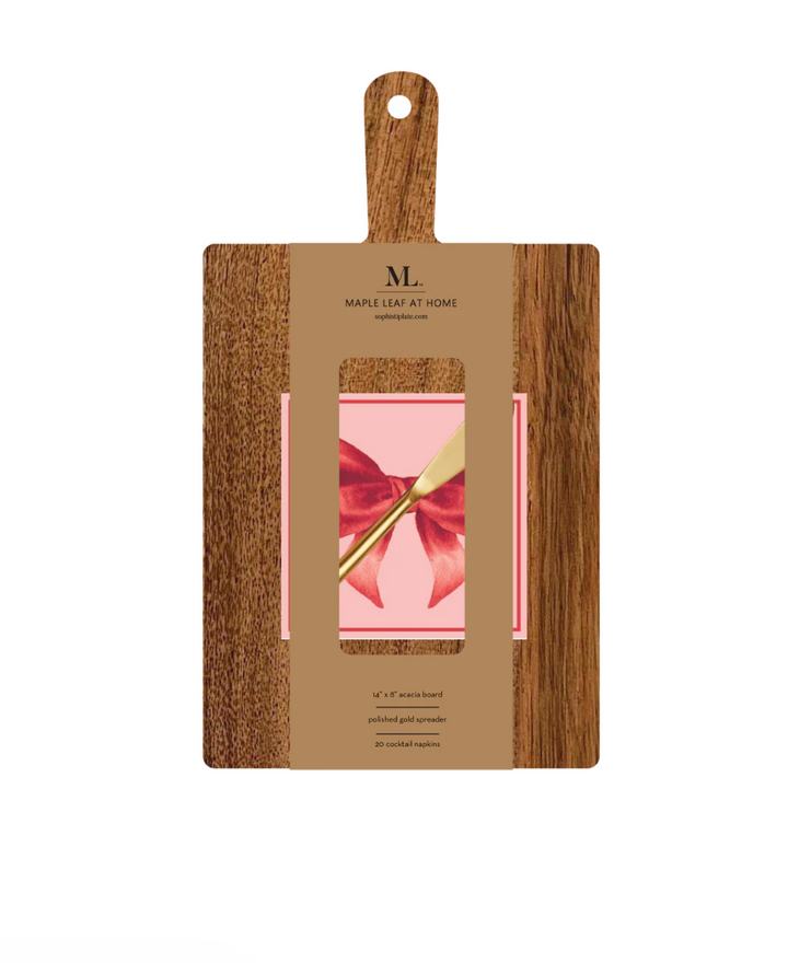 Acacia Bevel Board w/ Gold Spreader & Pink Bows Napkin