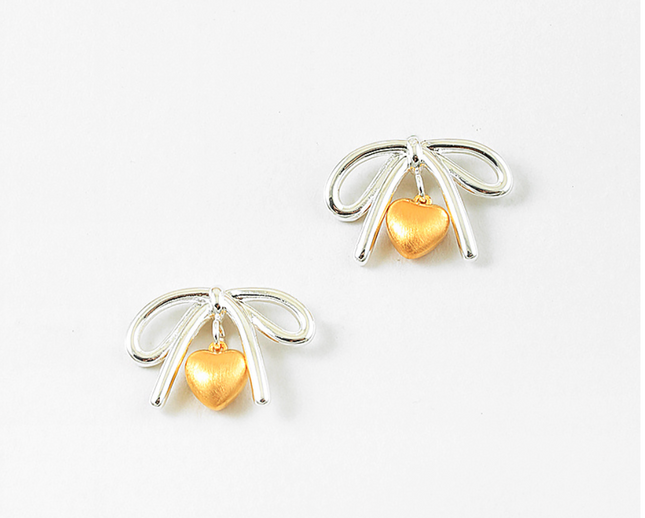 Two-Tone Bow Heart Stud Earrings | Silver Bow with Gold Heart Charm