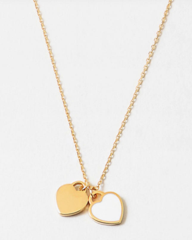 Double Heart Pendant Necklace | Gold & White Enamel Heart Charms | Layered Love Necklace