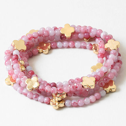 Pink Beaded Clover Charm Stretch Bracelets | Gold Clover Bead Bracelet Set