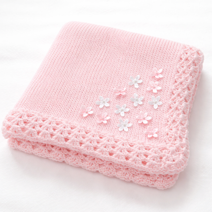 Personalized Hand Knit Baby Blanket – Soft Pink Floral Heirloom Gift