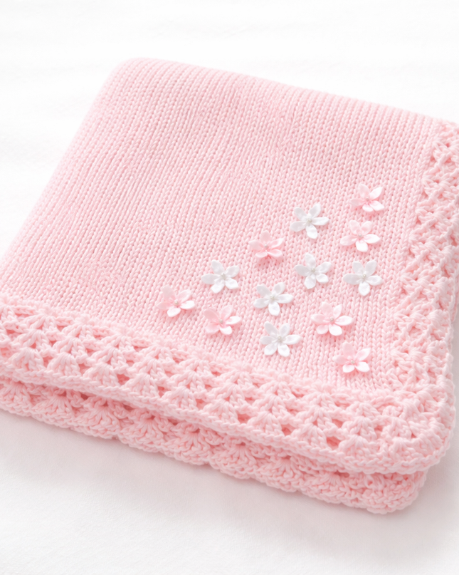 Personalized Hand Knit Baby Blanket – Soft Pink Floral Heirloom Gift