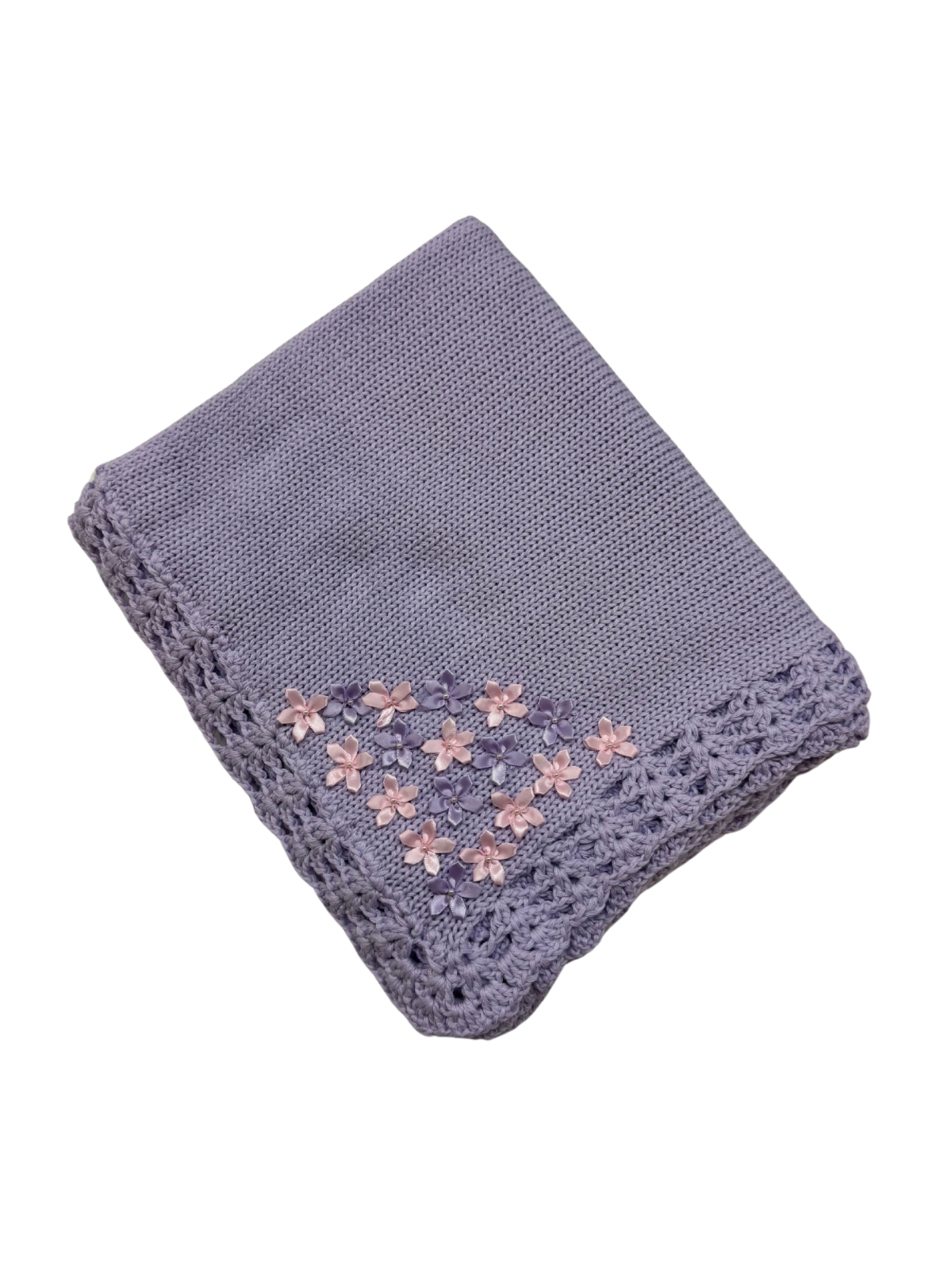Lavender Hand Knit Blanket with Rhinestone flower