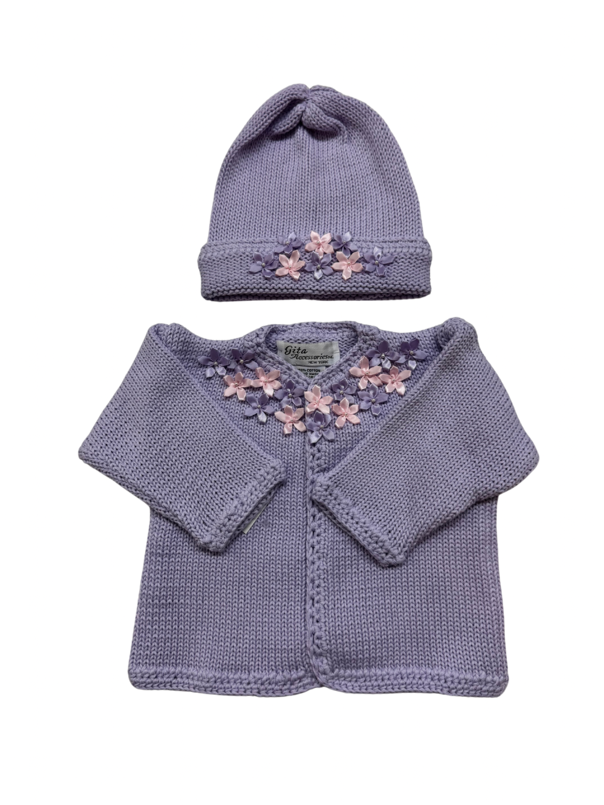 Lavender Hand Knit Sweater and Hat with Rhinestone Flowers