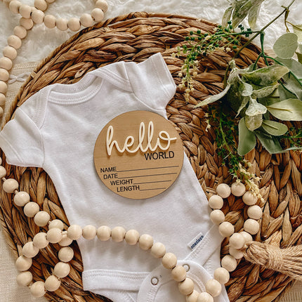 Hello World Birth Stat Announcement Wood Disc - Layered 3D