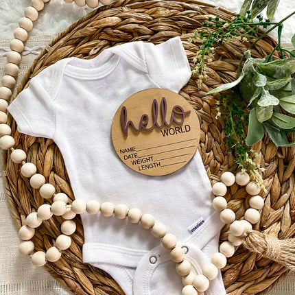 Hello World Birth Stat Announcement Wood Disc - Layered 3D