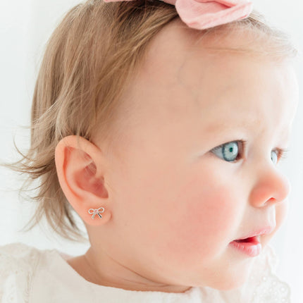 Girls Sterling Silver Pink Bow Screw Back Earrings for Kids