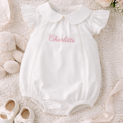 Personalized Heirloom Bubble Classic White Baby Romper with Peter Pan Collar