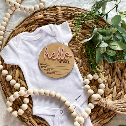 Hello World Birth Stat Announcement Wood Disc - Layered 3D