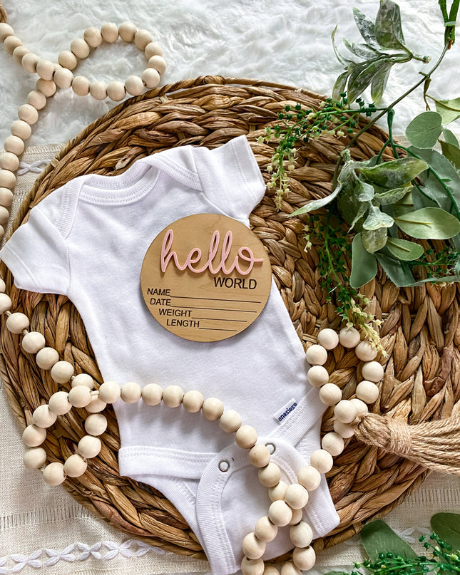Hello World Birth Stat Announcement Wood Disc - Layered 3D