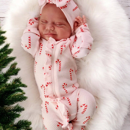 Waffle Ruffle Zip Footie - Pink Candy Cane