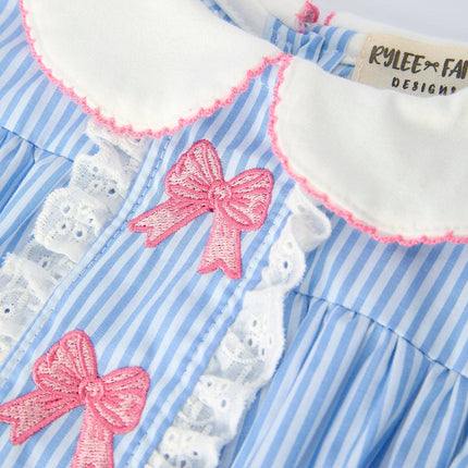 Blue Stripe Girl Romper Petal Peter Pan Collar Bow