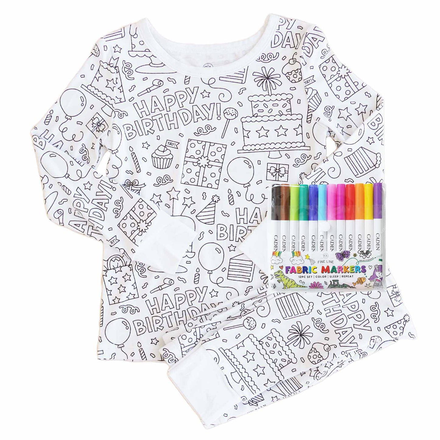 Colorable Two Piece Pajama Set | Birthday Celebration with Markers