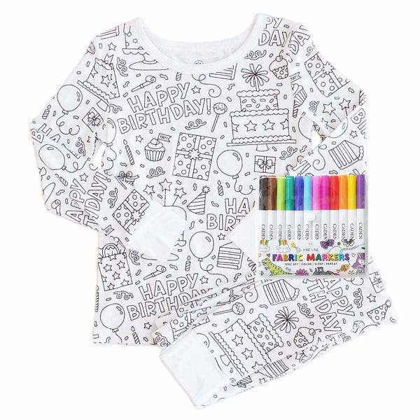 Colorable Two Piece Pajama Set | Birthday Celebration with Markers