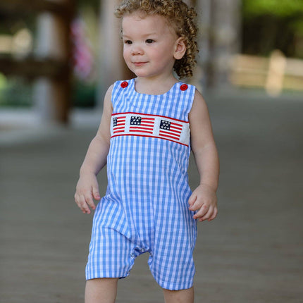 4th of july Flag Embroidery Smocking Boys Romper