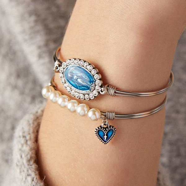 Crystal Pearl Rosary Heart Bangle Bracelet