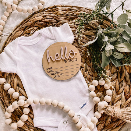 Hello World Birth Stat Announcement Wood Disc - Layered 3D