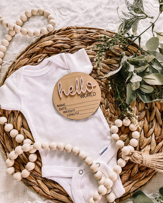 Hello World Birth Stat Announcement Wood Disc - Layered 3D