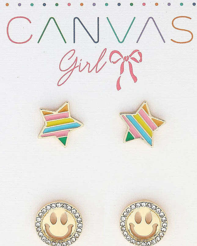 Izzy Rainbow Star & Smiley Face Children's Earrings Set