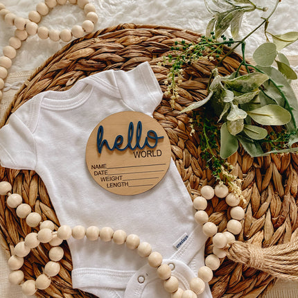 Hello World Birth Stat Announcement Wood Disc - Layered 3D