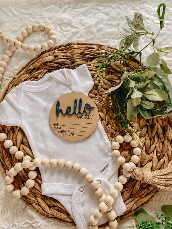 Hello World Birth Stat Announcement Wood Disc - Layered 3D