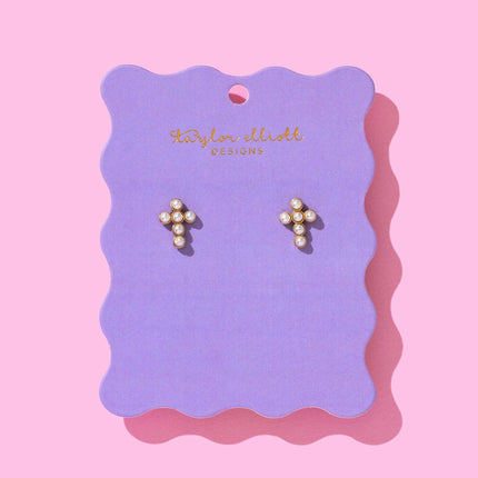 Gold-Plated Pearl Cross Stud Earrings